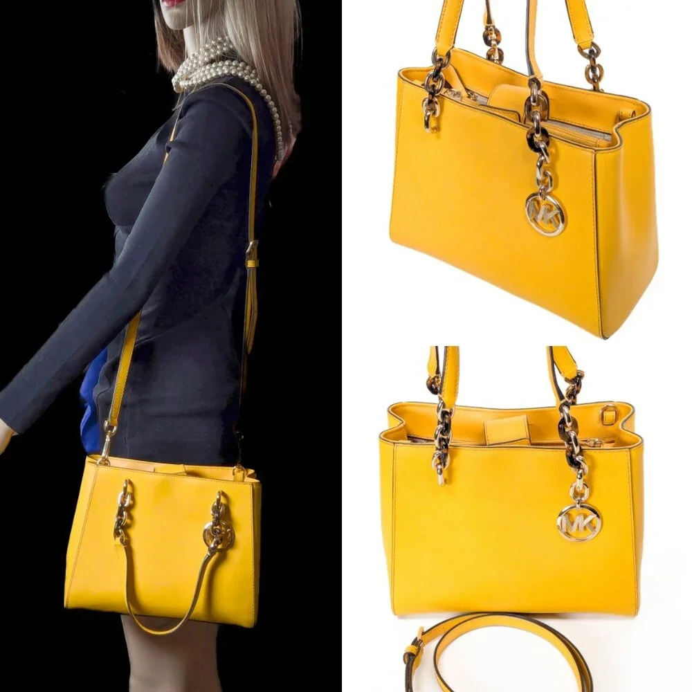 MK MICHAEL KORS Saffiano Leather Satchel Shoulder Strap Bag Yellow - Picture 2 of 16
